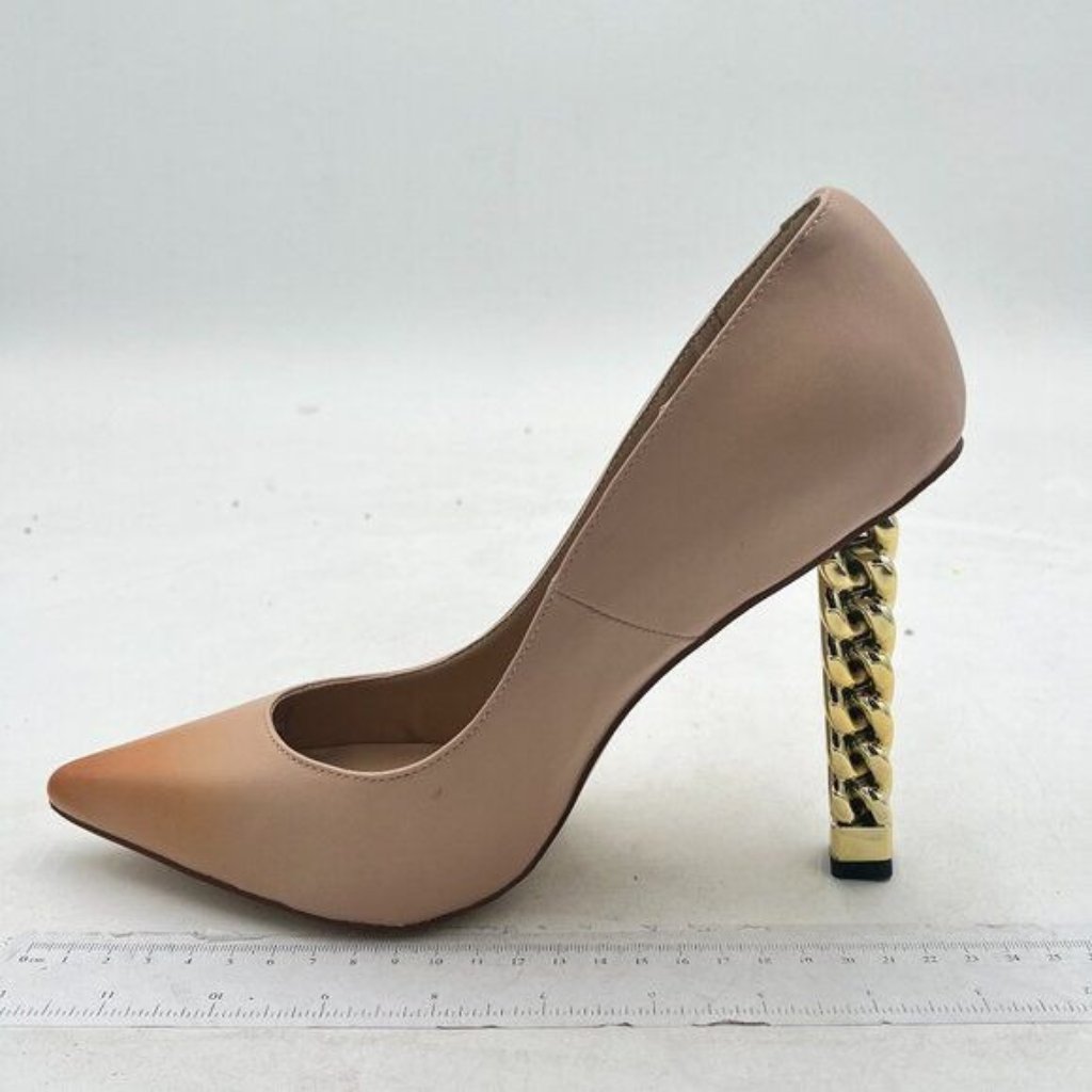 Nude Gold Metal Chain Chunky High Heel Pointed Toe Slip On Party Prom Pumps